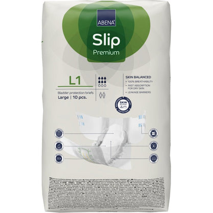 En förpackning ABENA Slip Premium från Abena Re-Seller GmbH, storlek large, med 10 stycken. Den vita förpackningen har gröna och blå accenter och tydlig produktinformation på framsidan.