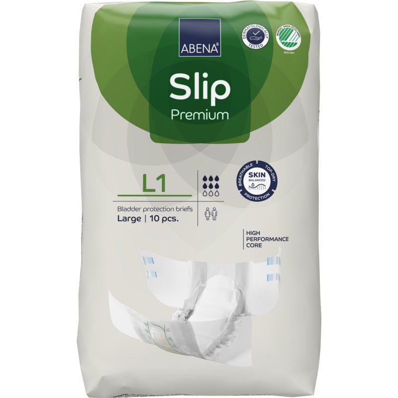 En 10-pack ABENA Slip Premium från Abena Re-Seller GmbH, storlek L1. Den vit-gröna förpackningen lyfter fram hudskydd och högpresterande kärna för effektiv inkontinensvård.
