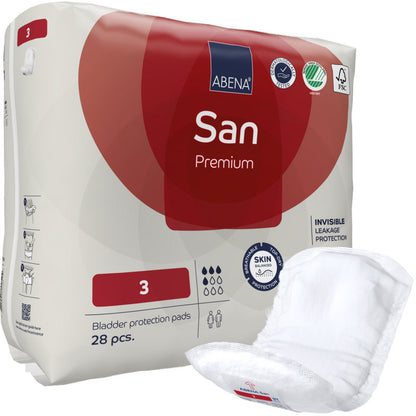Eine Packung ABENA San Premium Pads der Abena Re-Seller GmbH, Größe 3, enthält 28 Blasenschutz-Pads. Auf der Außenseite der Packung ist eine Einlage abgebildet, die mit Symbolen für hohe Saugfähigkeit und verschiedenen Zertifizierungen versehen ist.