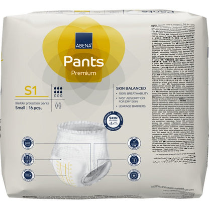 Ett 16-delat paket ABENA Pants Premium S från Abena Re-Seller GmbH för blöjskydd, storlek small. Den övervägande vita förpackningen med gul och blå färg innehåller produktinformation, ikoner och ett foto av inkontinensbyxan.
