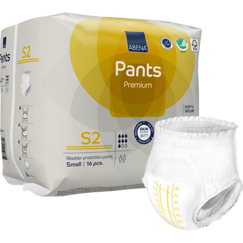 Avbildad är ett paket ABENA Pants Premium S från Abena Re-Seller GmbH (liten storlek, 16 stycken) med en blöjbyxa bredvid. På förpackningen finns certifieringslogotyper och detaljerad information om inkontinensprodukter.