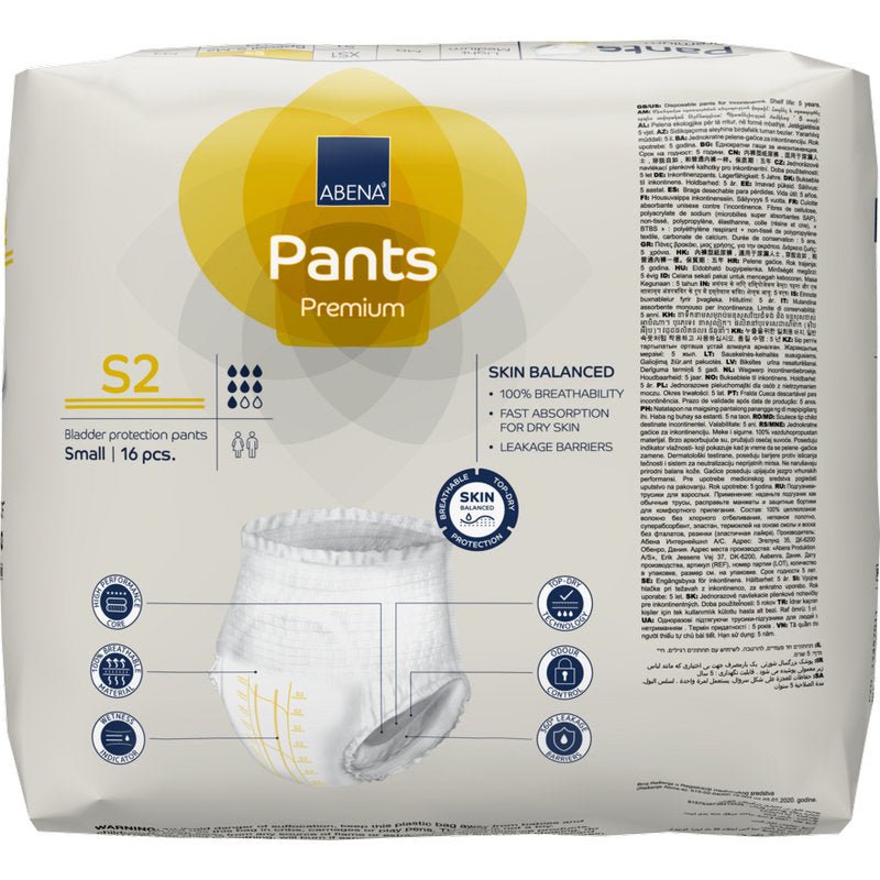 Ett paket ABENA Pants Premium S från Abena Re-Seller GmbH i storleken Small innehåller 16 stycken i en mestadels vit förpackning med gula och blå accenter och erbjuder ett pålitligt inkontinensskydd med tydlig produktinformation på framsidan.