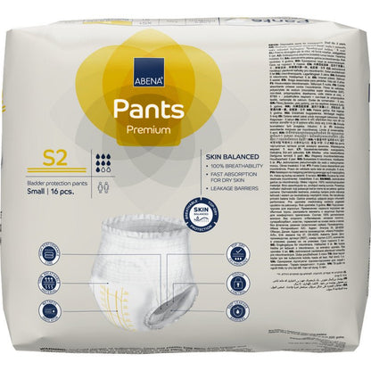 Ett paket ABENA Pants Premium S från Abena Re-Seller GmbH i storleken Small innehåller 16 stycken i en mestadels vit förpackning med gula och blå accenter och erbjuder ett pålitligt inkontinensskydd med tydlig produktinformation på framsidan.