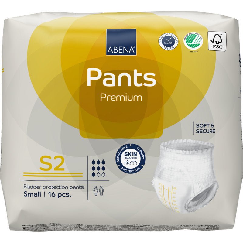 ABENA Pants Premium S från Abena Re-Seller GmbH, storlek S2, finns i 16-pack. Den gul-grå förpackningen understryker den "soft & secure" komforten och hudskyddet vid inkontinensvård.