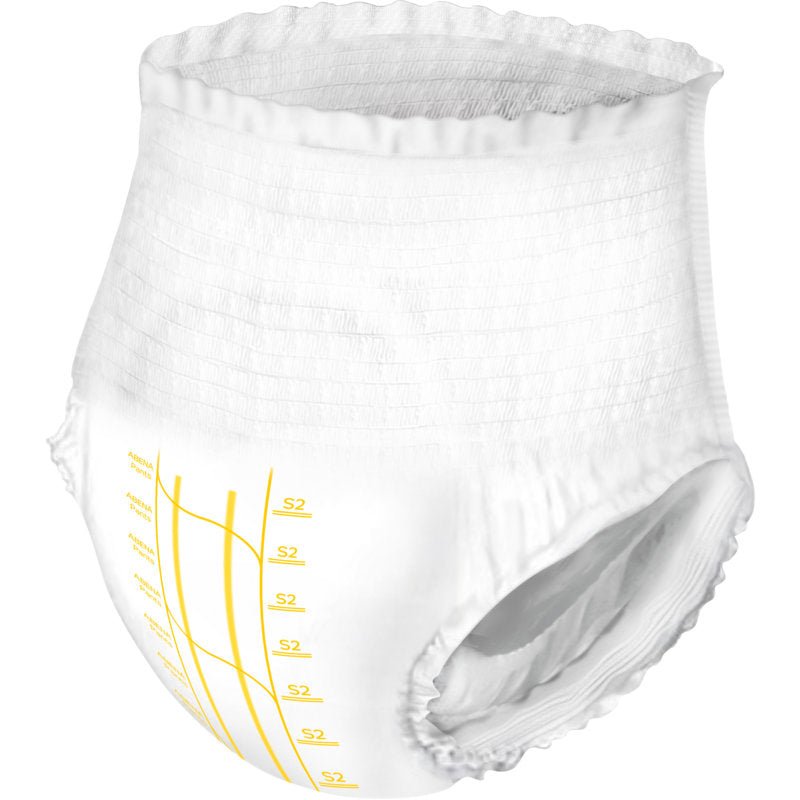 ABENA Pants Premium S från Abena Re-Seller GmbH är en vit engångsdragbyxa med elastisk midja och benslut samt gultryckta storleks- och måttangivelser; idealisk för inkontinensvård.