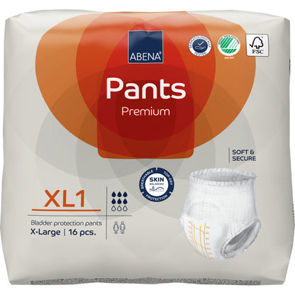 Ett paket ABENA Pants Premium XL från Abena Re-Seller GmbH, storlek X-Large, 16 stycken. Kommer i vit förpackning med orange accenter som visar produktbilder och certifieringslogotyper.