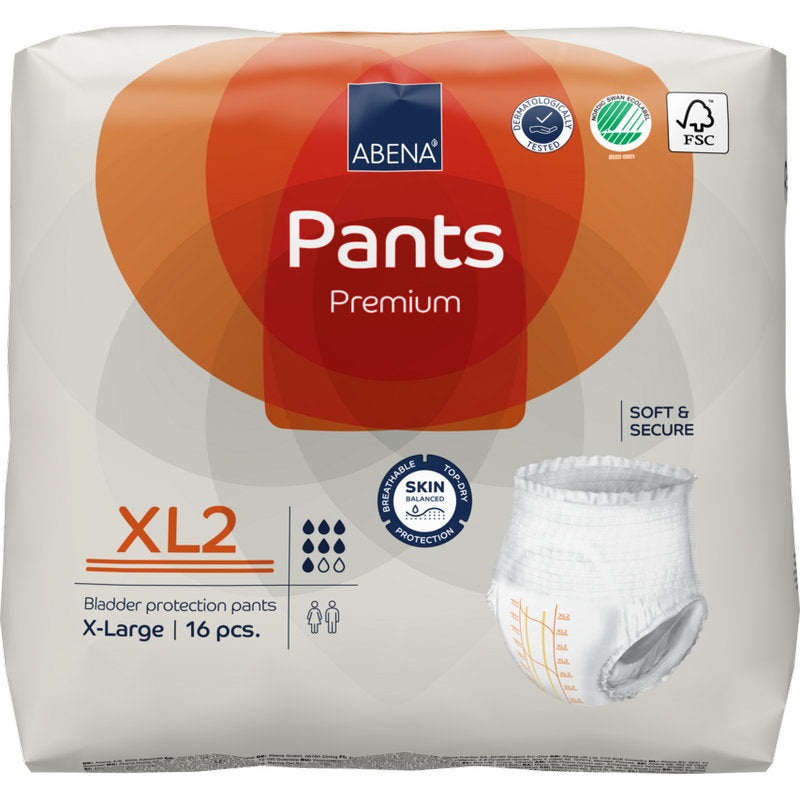 En förpackning ABENA Pants Premium XL från Abena Re-Seller GmbH, storlek XL2, innehåller 16 stycken i en vit förpackning med orange accenter, certifieringslogotyper och en produktbild.