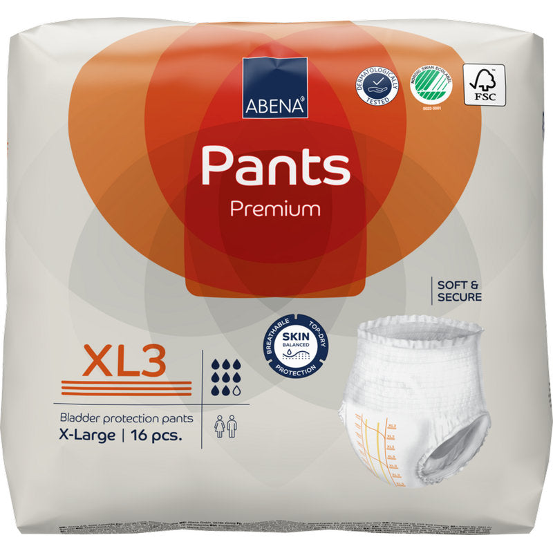 En förpackning ABENA Pants Premium XL från Abena Re-Seller GmbH, storlek XL3 extra-large, innehåller 16 stycken. På förpackningen finns certifieringslogotyper och en bild av ett enskilt skyddsunderkläder.