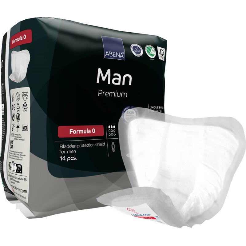 En 14-delad förpackning ABENA Man Formula Premium från Abena Re-Seller GmbH. En skylt är avbildad utanför den svart-vit-röda förpackningen som är utvecklad för effektiv blåsaskydd för män.