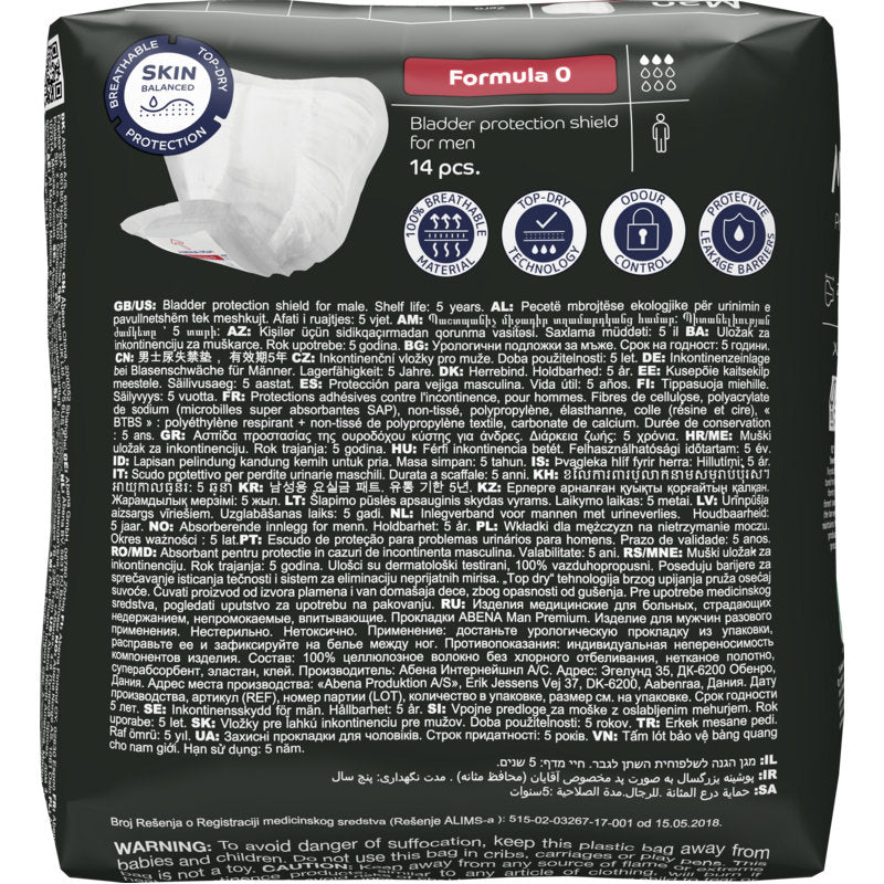En 14-pack ABENA Man Formula Premium från Abena Re-Seller GmbH, variant "Formula 0", med flerspråkig produktinformation, instruktioner och varningar på förpackningen.