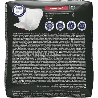 En 14-pack ABENA Man Formula Premium från Abena Re-Seller GmbH, variant "Formula 0", med flerspråkig produktinformation, instruktioner och varningar på förpackningen.
