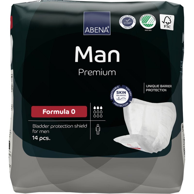 En 14-pack ABENA Man Formula Premium från Abena Re-Seller GmbH, Formula 0, med unikt barriärskydd och hudvänliga certifieringslogotyper på förpackningen.