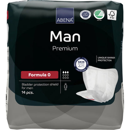 En 14-pack ABENA Man Formula Premium från Abena Re-Seller GmbH, Formula 0, med unikt barriärskydd och hudvänliga certifieringslogotyper på förpackningen.