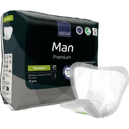 En förpackning ABENA Man Formula Premium från Abena Re-Seller GmbH med 15 stycken för effektivt inkontinensskydd för män, med en borttagen och presenterad skylt.