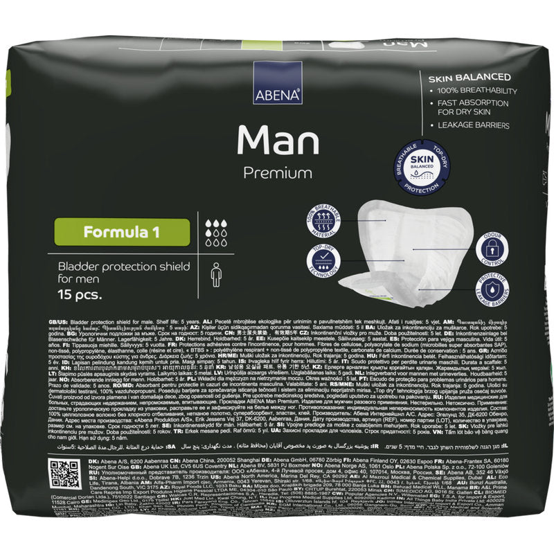En 15-pack ABENA Man Formula Premium från Abena Re-Seller GmbH, i enkel svart förpackning med produktdetaljer och bilder av inkontinensskydd för män på framsidan.