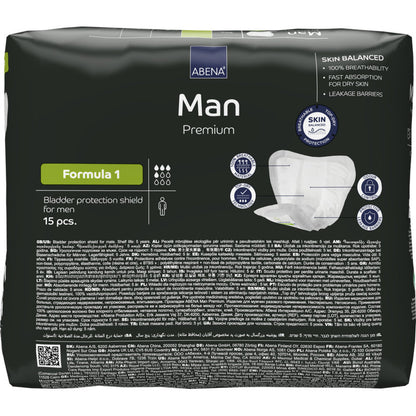 En 15-pack ABENA Man Formula Premium från Abena Re-Seller GmbH, i enkel svart förpackning med produktdetaljer och bilder av inkontinensskydd för män på framsidan.