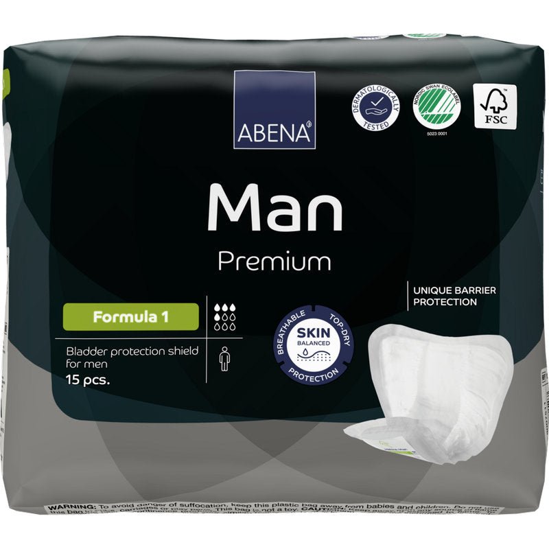 En 15-pack ABENA Man Formula Premium från Abena Re-Seller GmbH erbjuder andningsförmåga, hudbalans och unikt barriärskydd för en pålitlig inkontinensvård för män.