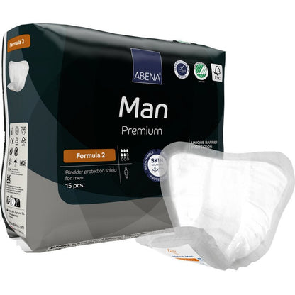Avbildad är en förpackning ABENA Man Formula Premium från Abena Re-Seller GmbH med en skylt i förgrunden. Förpackningen innehåller 15 stycken och framhäver de hudvänliga och barriärskyddande egenskaperna.