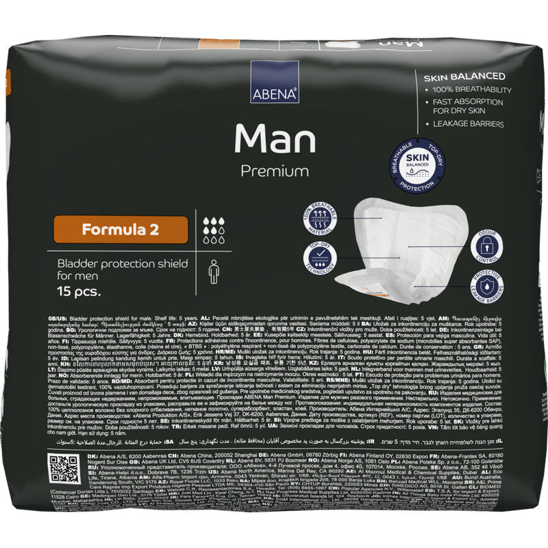 En förpackning ABENA Man Formula Premium från Abena Re-Seller GmbH, Formula 2 (15 stycken), erbjuder snabb absorption, full andningsförmåga och starka läckagebarriärer för optimalt skydd för män.