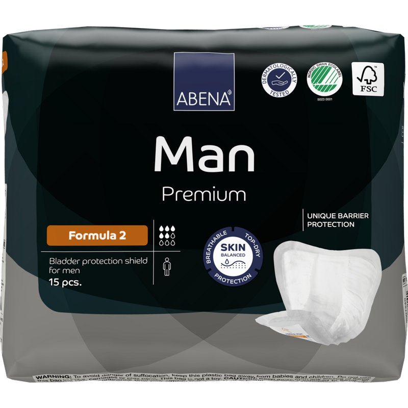En förpackning med 15 ABENA Man Formula Premium blåsaskyddsskydd från Abena Re-Seller GmbH är försedd med produktinfo, certifieringslogotyper och en bild av skyddet på förpackningen.