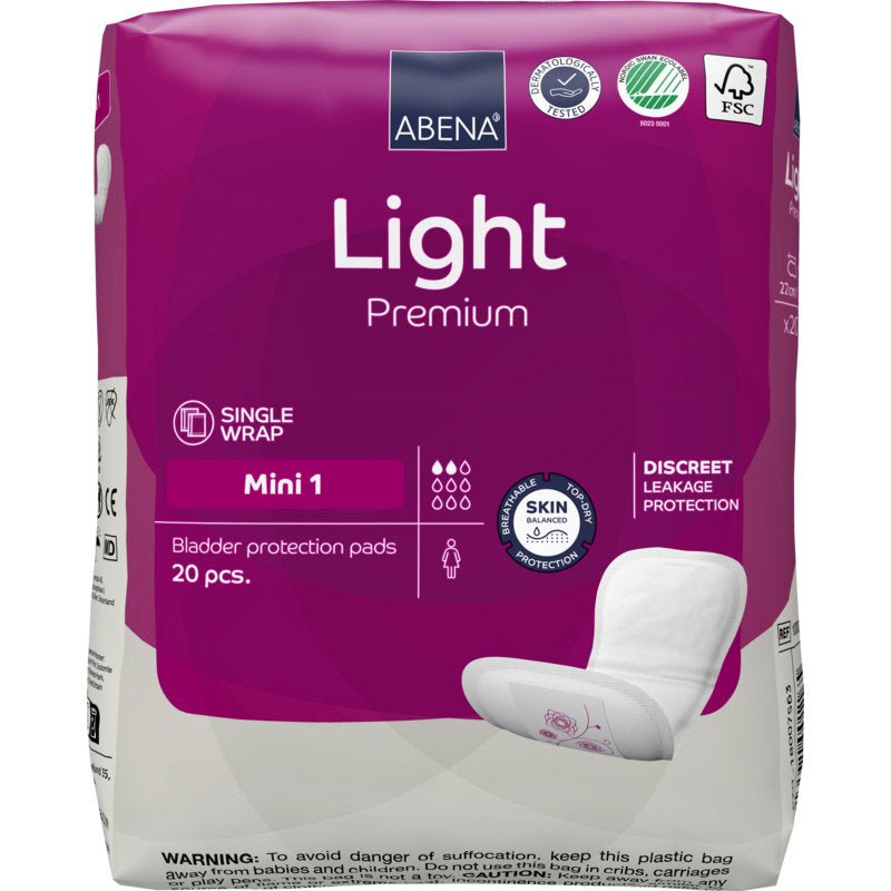 Ett paket ABENA Light Mini 1, Premium från Abena Re-Seller GmbH innehåller 20 pads för lätt inkontinens. Den violetta förpackningen har en individuell förpackning och ett diskret läckageskydd med tydlig vit text och symboler.