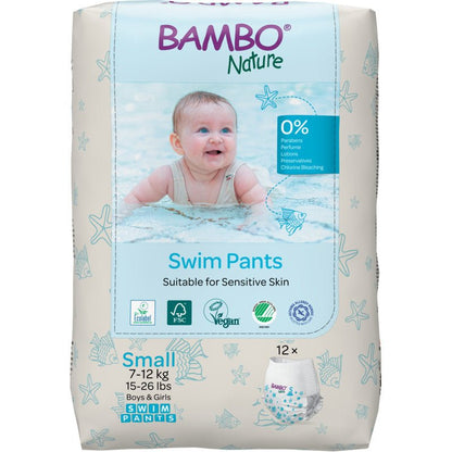 Bambo Nature-simblöjor, strl. S, 7-12 kg (förpackning med 12 stycken) från Abena Re-Seller GmbH är fria från parabener och parfym - idealiska för känslig babyhud och små simmare med 7-12 kg.
