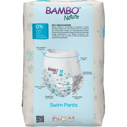Ett 12-pack Bambo Nature simblöjor, strl M (12+ kg) från Abena Re-Seller GmbH: vita blöjor med blå sjöstjärnemotiv, miljömärkta och fria från parabener, lotioner och doftämnen.