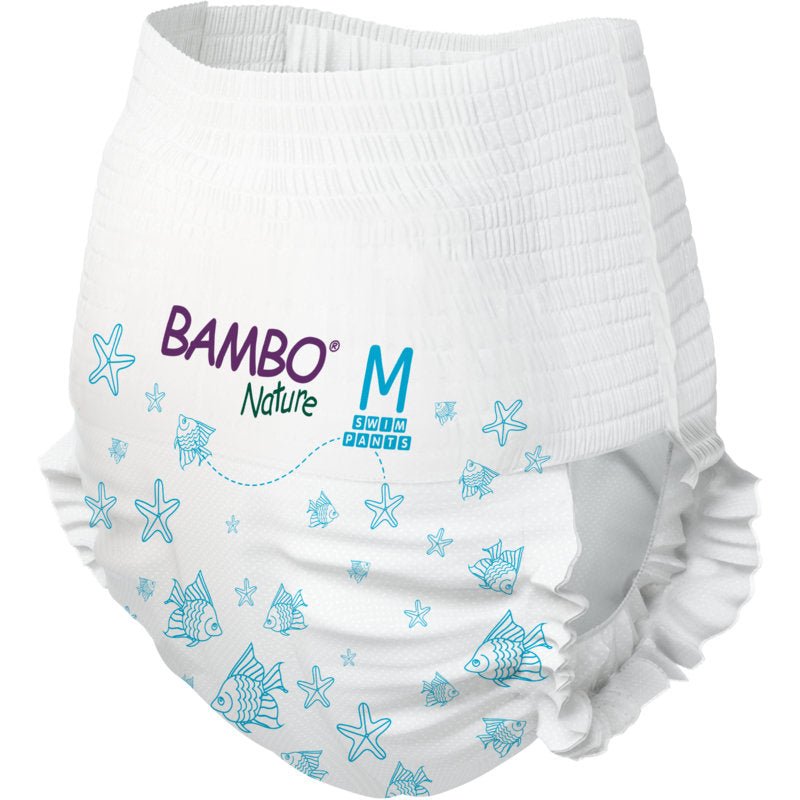 Bambo Nature simblöja strl M (12+ kg) från Abena Re-Seller GmbH, förpackning med 12 stycken, övertygar som en hållbar, vit simblöja med blå fiskmotiv - idealisk för miljömedvetna familjer.