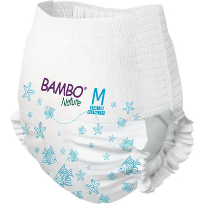 Bambo Nature simblöja strl M (12+ kg) från Abena Re-Seller GmbH, förpackning med 12 stycken, övertygar som en hållbar, vit simblöja med blå fiskmotiv - idealisk för miljömedvetna familjer.