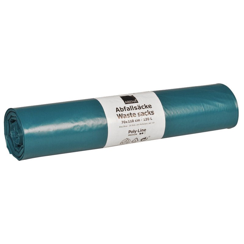 En rulle Abena Re-Seller GmbH sopkassar 120 L, 700x1100 mm, 38 my, LDPE, blå (25 påsar) med vit etikett på tyska och engelska - idealisk för effektiv avfallshantering.