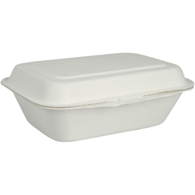 Menylådan, Bagasse, Odelad, Vit från Abena Re-Seller GmbH är en sluten, rektangulär vit take-away-behållare av fiberform. Den är biologiskt nedbrytbar och komposterbar och visas mot en enkel vit bakgrund.