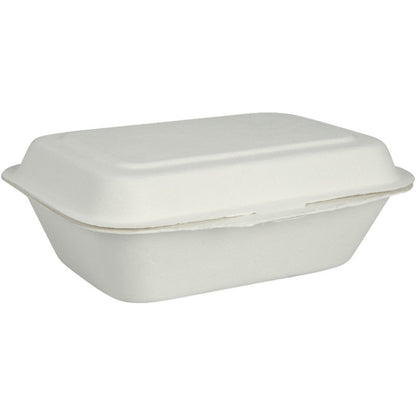Menylådan, Bagasse, Odelad, Vit från Abena Re-Seller GmbH är en sluten, rektangulär vit take-away-behållare av fiberform. Den är biologiskt nedbrytbar och komposterbar och visas mot en enkel vit bakgrund.