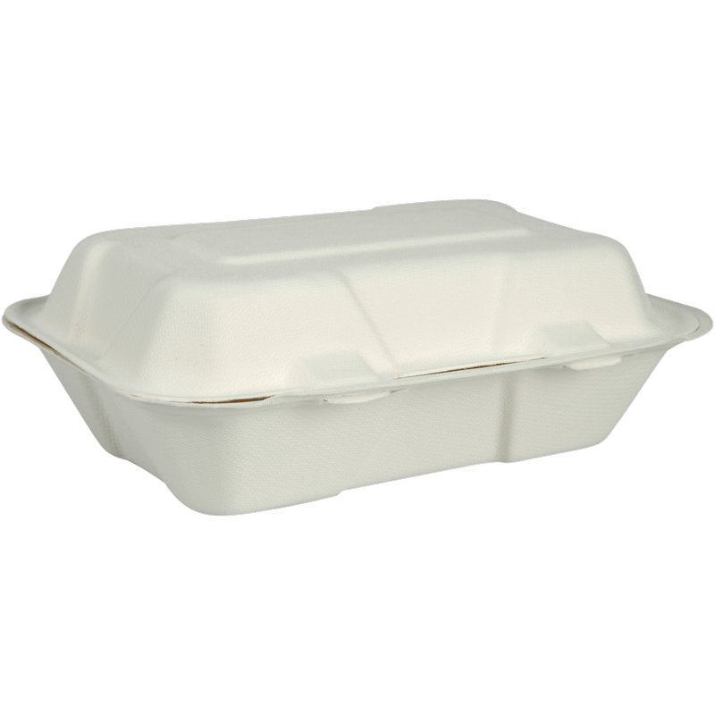 Menylådan, Bagasse, Odelad, Vit från Abena Re-Seller GmbH är en sluten, rektangulär, vit matbehållare för take-away med ett lock av komposterbart och biologiskt nedbrytbart material, avbildad mot en enkel vit bakgrund.