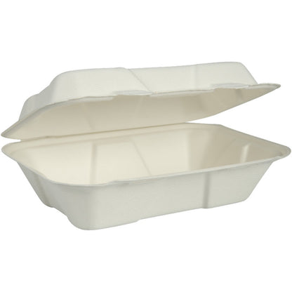 En vit, rektangulär menylåda, Bagasse, Odelad från Abena Re-Seller GmbH är avbildad öppen med uppfällt lock. Den komposterbara och biologiskt nedbrytbara fiberformbehållaren är tom och står mot en enkel bakgrund.