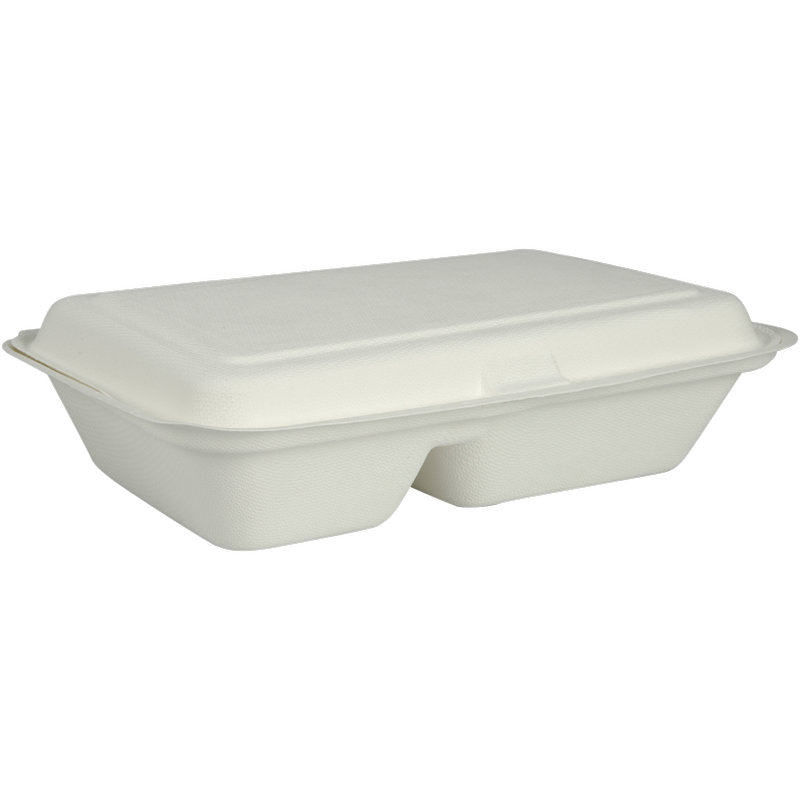 Menylådan från Abena Re-Seller GmbH i bagasse, 2-delad i vit (25x16,2x6,3 cm), biologiskt nedbrytbar och som förpackning med 50 stycken, är avbildad mot en enkel vit bakgrund.