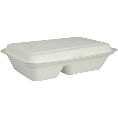 Menylådan från Abena Re-Seller GmbH i bagasse, 2-delad i vit (25x16,2x6,3 cm), biologiskt nedbrytbar och som förpackning med 50 stycken, är avbildad mot en enkel vit bakgrund.