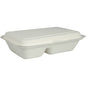Menylådan från Abena Re-Seller GmbH i bagasse, 2-delad i vit (25x16,2x6,3 cm), biologiskt nedbrytbar och som förpackning med 50 stycken, är avbildad mot en enkel vit bakgrund.