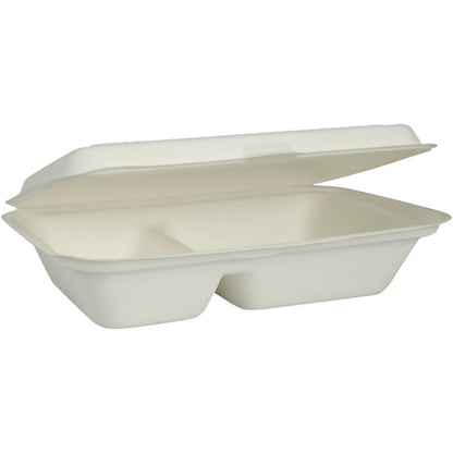 Avbildad är en öppen, vit rektangulär Abena Re-Seller GmbH menylåda (bagasse, 2-delad, 25x16,2x6,3 cm) med ett fäst lock; den är biologiskt nedbrytbar och kommer i en förpackning med 50 stycken.