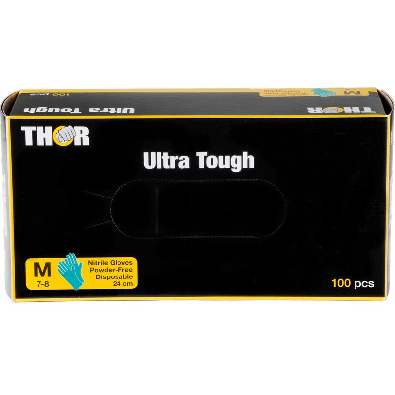 En grön låda med texten "Thor Ultra Tough" från Abena Re-Seller GmbH innehåller 100 medelstora, puderfria engångs-nitrilhandskar (24 cm) - den hållbara produkten är idealisk för utomhusaktiviteter.