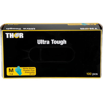 En grön låda med texten "Thor Ultra Tough" från Abena Re-Seller GmbH innehåller 100 medelstora, puderfria engångs-nitrilhandskar (24 cm) - den hållbara produkten är idealisk för utomhusaktiviteter.