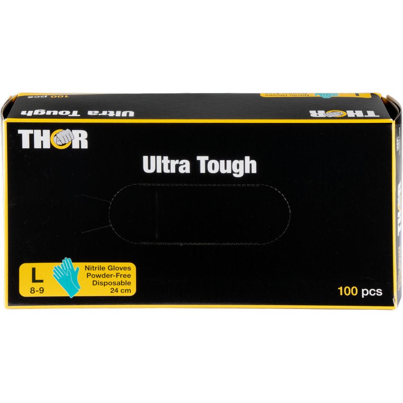 En grön låda med texten "Thor Ultra Tough" från Abena Re-Seller GmbH innehåller 100 stora, puderfria engångs-nitrilhandskar (storlek 8-9, 24 cm) - idealiska för utomhusaktiviteter. Bredvid storleksangivelsen visas en blå handskeillustration.