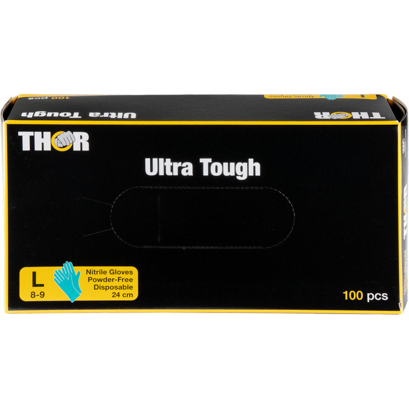 Eine grüne Box mit der Aufschrift "Thor Ultra Tough" von Abena Re-Seller GmbH enthält 100 große, puderfreie Einweg-Nitrilhandschuhe (Größe 8-9, 24 cm) - ideal für Outdoor-Aktivitäten. Neben der Größenangabe erscheint eine blaue Handschuhabbildung.