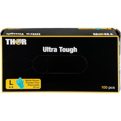 En grön låda med texten "Thor Ultra Tough" från Abena Re-Seller GmbH innehåller 100 stora, puderfria engångs-nitrilhandskar (storlek 8-9, 24 cm) - idealiska för utomhusaktiviteter. Bredvid storleksangivelsen visas en blå handskeillustration.