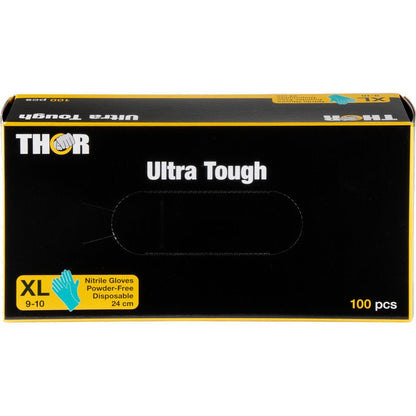 En grön låda med texten "Thor Ultra Tough" från Abena Re-Seller GmbH innehåller 100 puderfria engångshandskar av nitril i storlek XL (9-10) med gula och blå accenter - idealiska för aktiviteter utomhus.