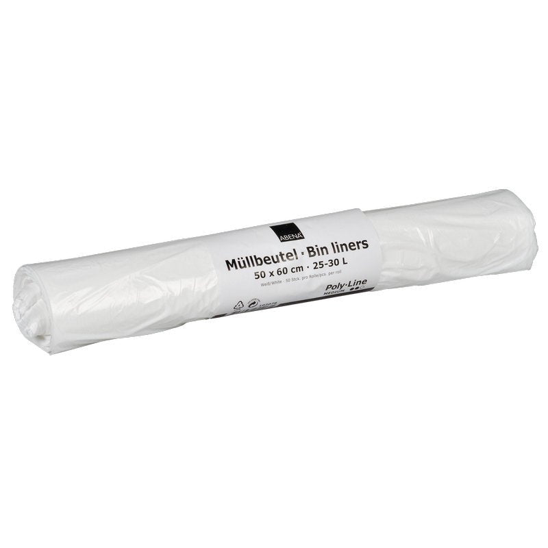 En rulle Abena Re-Seller GmbH soppåsar, 25-30 L innehåll, 500x600 mm storlek, 12,5 my LDPE vit; märkt på tyska och engelska; förpackningen innehåller 50 påsar.