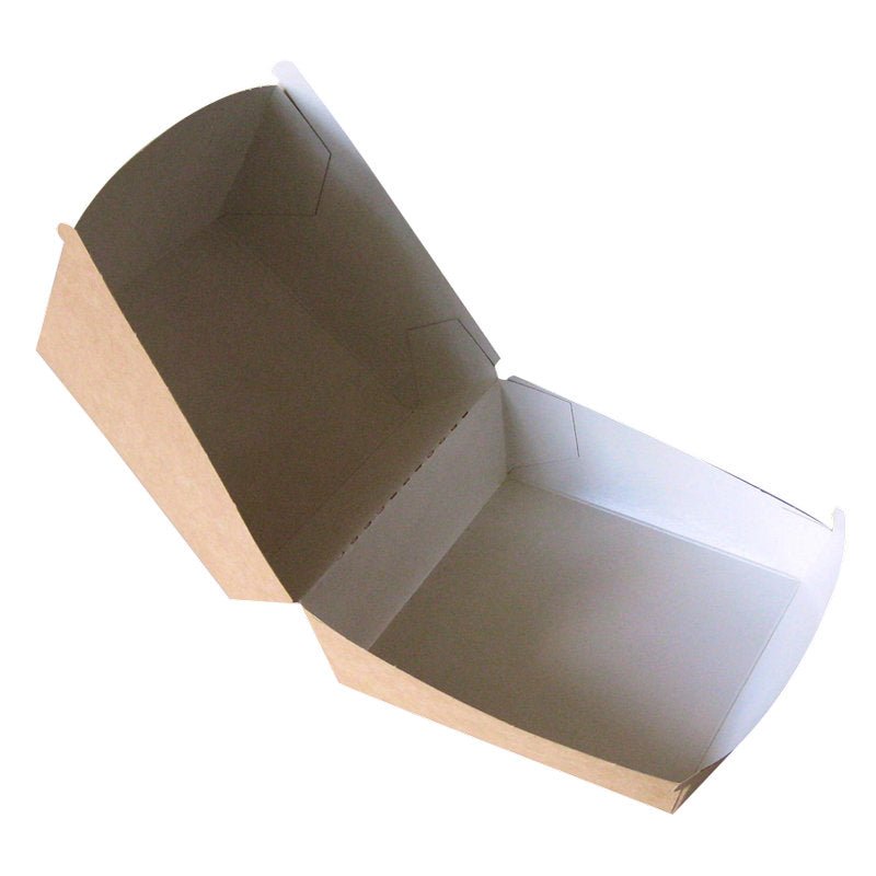 Abena Re-Seller GmbH Burger Box, Kraft, har en brun utsida och en vit insida med ett gångjärnslock. Den är avbildad öppen på vit bakgrund och är perfekt som förpackning för snacks.