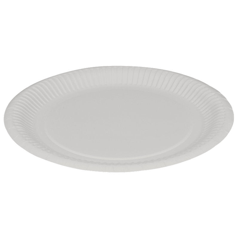 En papptallrik, platt ø 23 cm i vitt från Abena Re-Seller GmbH (förpackning med 50 stycken), visas mot vit bakgrund - miljövänlig och idealisk för varje tillfälle.