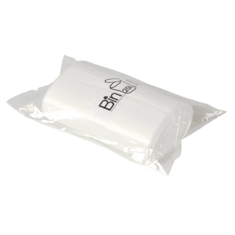 En transparent plastförpackning från Abena Re-Seller GmbH innehåller en rulle med 20 vita Bin Line-påsar 20 L (385x775 mm, 10 my LLDPE), som är förseglade i förpackningen och avbildade mot en enfärgad vit bakgrund.