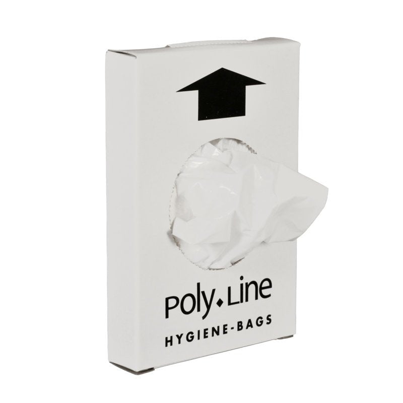 En vit kartong med texten "Abena Re-Seller GmbH Hygienepåse, 12,5 x 24,5 cm, 15 my HDPE, Vit" dispenserar en påse från en rund öppning - idealisk för en organiserad och lättillgänglig avfallshantering. Varje kartong innehåller 25 förpackningar.