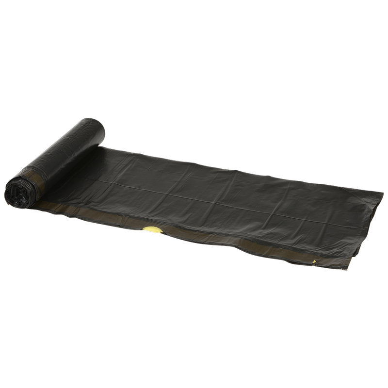 En rulle Abena Re-Seller GmbH sopkassar 120 L, med dragsnöre, 700x1010mm 55 my Svart (10 påsar/rulle), med en delvis avrullning på vit bakgrund - idealisk för tung avfallshantering.